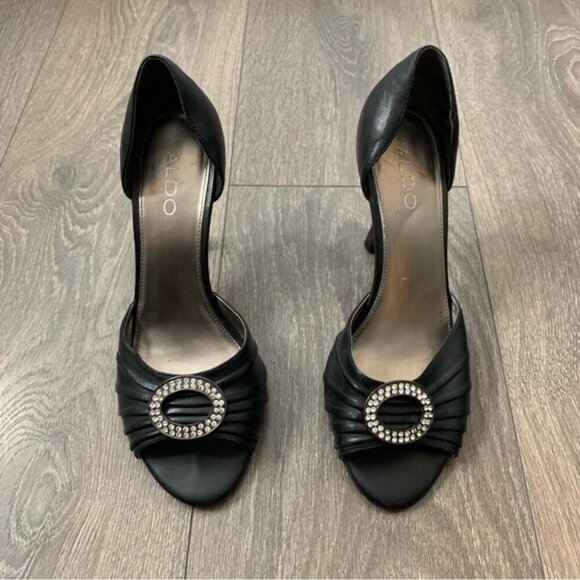 Aldo Women's Open toe Pumps Heels Leather Black Crystal Embellishment detail - Picture 5 of 16